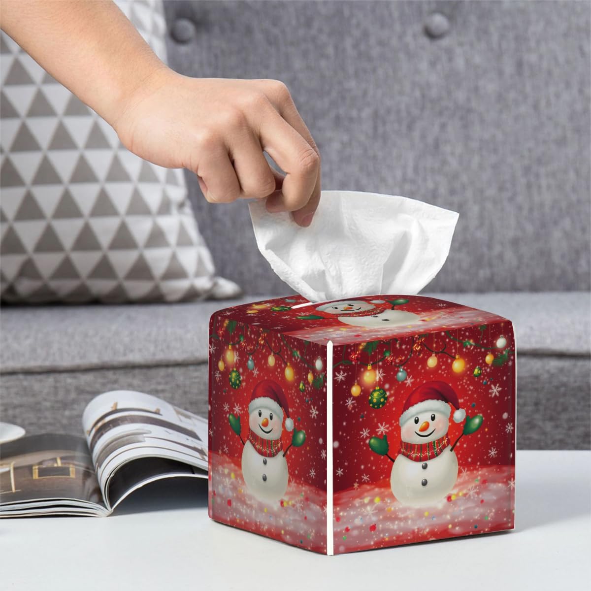 Cute Snowman Christmas Tissue Box Cover Square, PU Leather Facial Tissue Cube Box Holder, Xmas Modern Tissue Case Dispenser for Bedroom Tabletop Vanity Countertop