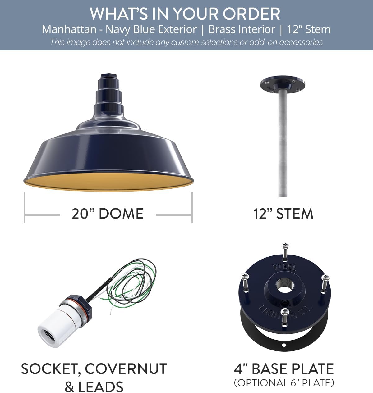 Steel Lighting Co. Manhattan Warehouse Light | Ceiling Mounted Pendant | 20 inch Dome | 12" Galvanized Stem | Large Steel Barn Light Made in America | Navy Blue Exterior/Brass Interior