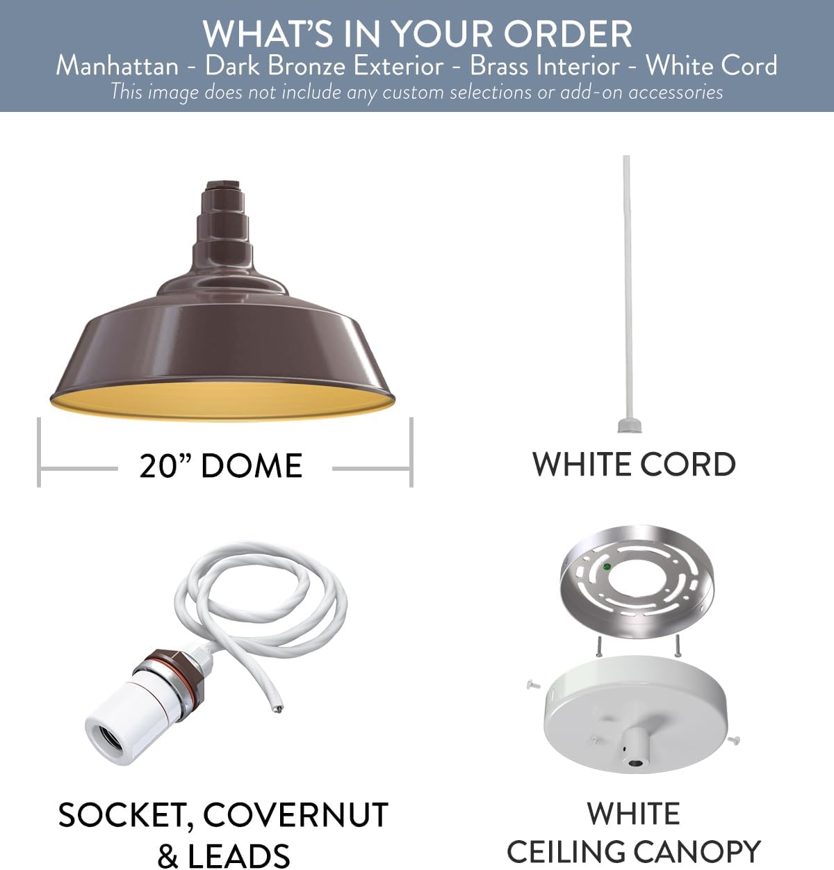 Steel Lighting Co. Manhattan Warehouse Light | Ceiling Mounted Pendant | 20 inch Dome | White Cord | Large Steel Barn Light Made in America | Dark Bronze Exterior/Brass Interior