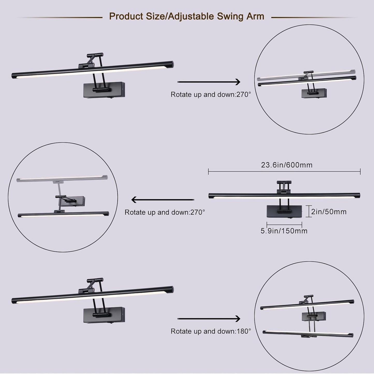LED Battery Operated Picture Lights with Remote Wireless Art Lighting for Wall 23.6 Inch Rechargeable Painting Light Black Frame Lights Dimmable 3CCT Gallery Light for Library Portrait