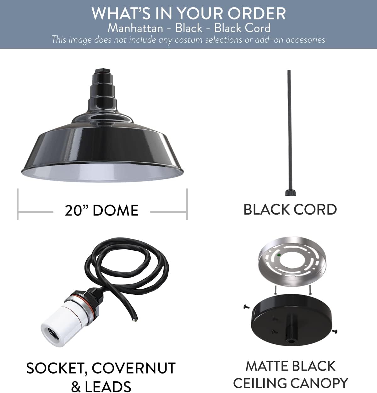 Steel Lighting Co. Manhattan Warehouse Light | Ceiling Mounted Pendant | 20 inch Dome | Black Cord | Large Steel Barn Light Made in America | Black Exterior/White Interior