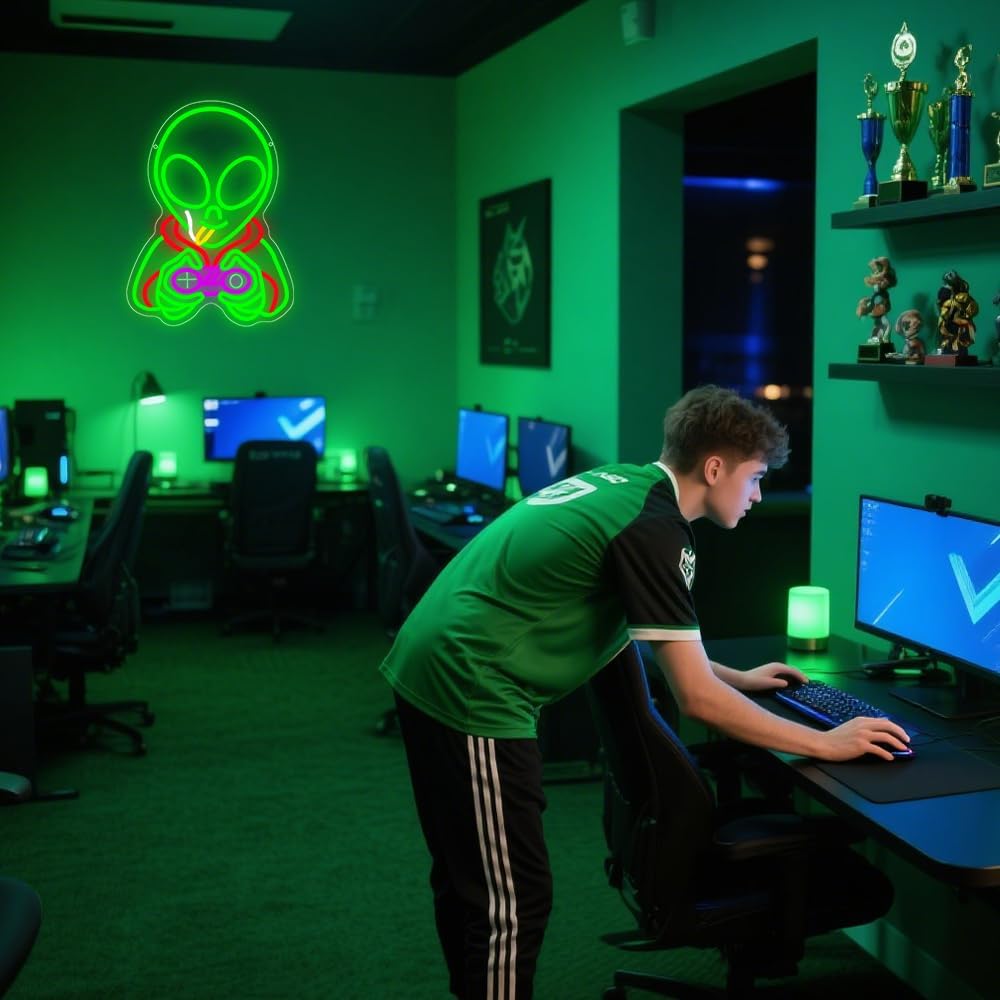 Green Alien Gamr Neon Sign,Gaming Dimmable LED Light Signs for Wall Art Decor,Game Room Backdrop for Bar Bedroom Club Party Man Cave,Alien Gift for Boys Teen Men USB Powered( 15.8"* 11.9")