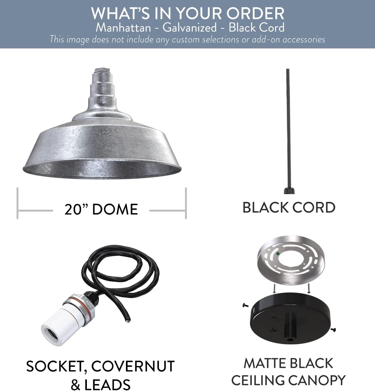 Steel Lighting Co. Manhattan Warehouse Light | Ceiling Mounted Pendant | 20 inch Dome | Black Cord | Large Steel Barn Light Made in America | Galvanized Exterior/Galvanized Interior