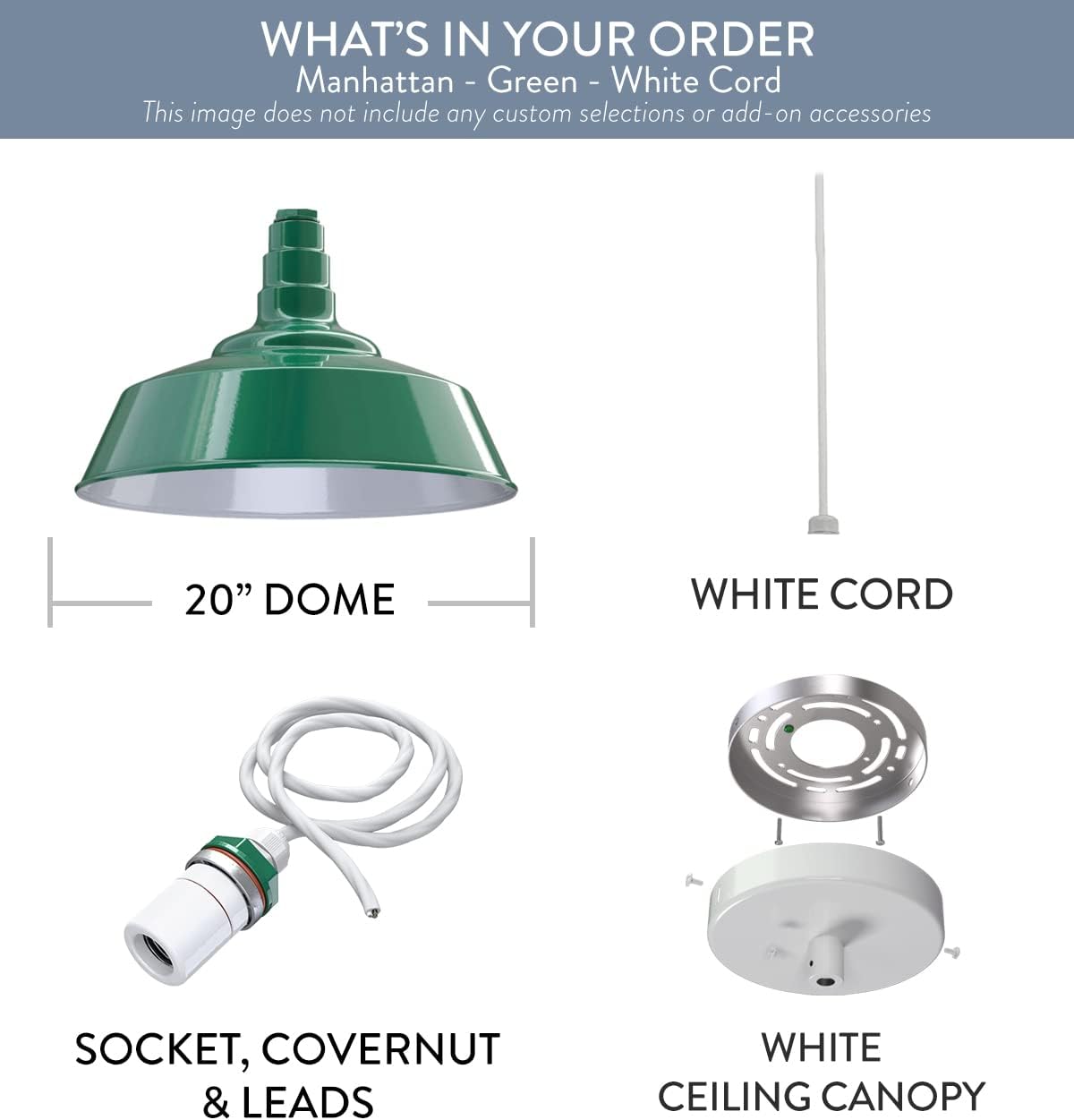 Steel Lighting Co. Manhattan Warehouse Light | Ceiling Mounted Pendant | 20 inch Dome | White Cord | Large Steel Barn Light Made in America | Green Exterior/White Interior