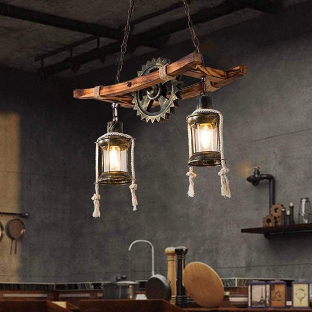 Wood Retro Pendant Lighting Industrial Vintage Chandelier Black Metal Bedroom Restaurant Suspension Lamp Cage Frame with Glass Shade House Loft Bar Coffee Decoration Ceiling Lights Fitting, E2