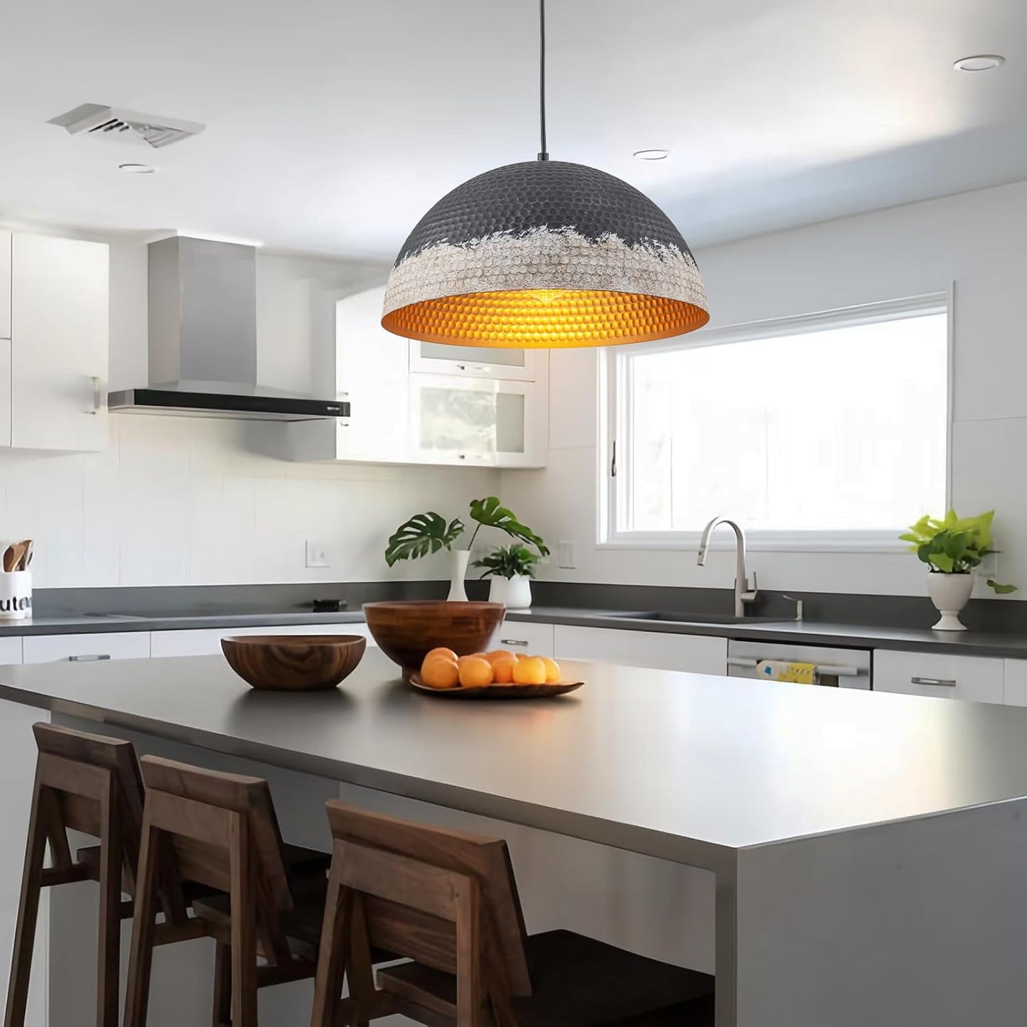 Y'INSP 15.75" Black Distressed Pendant Light Fixtures, Hammered Pendant Lights Kitchen Island, Farmhouse Dome Pendant Lighting, Industrial Hanging Lights for Dining Room Bedroom Hallway Foyer