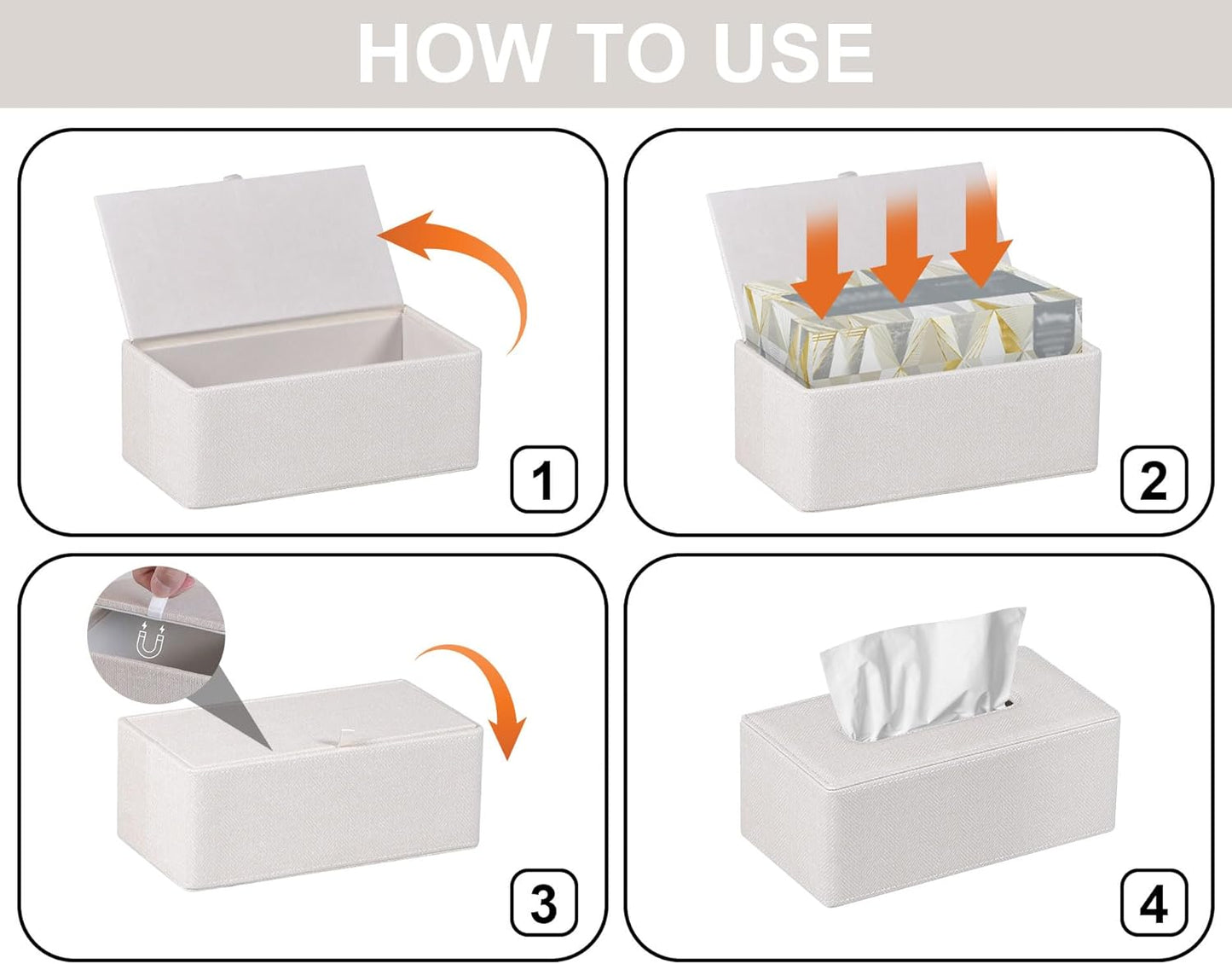 Tissue Box Cover Rectangular 9.8"(L) x 5.3"(W) x 4.3"(H) Refined Modern PU Leather Facial Tissue Dispenser Box Holder for Dresser Bathroom Decorative (Linen Beige)