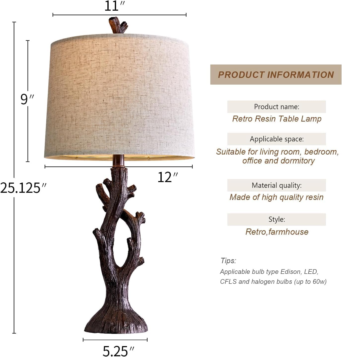 OYEARS 25" Farmhouse Table Lamp Set of 2 for Living Room Bedroom Resin Bedside Tree Lamp Nightstand End Table Lamps Vintage Natural Style