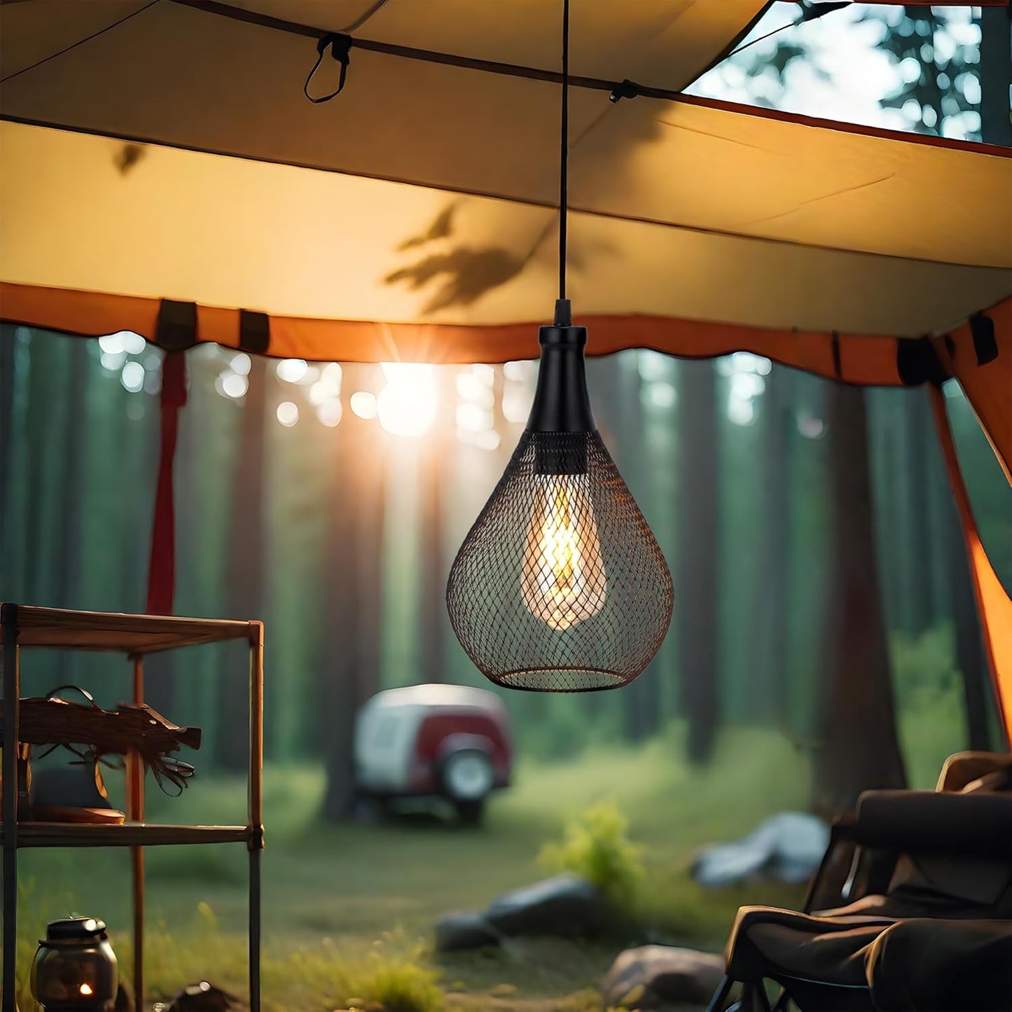 JHY DESIGN Hanging Lamp Set of 2 Battery Operated Cordless Lamps Metal Cage Pendant Light with 6 Hours Timer Great for Parties Patio Events for Indoors Outdoors(Teardrop Shape)