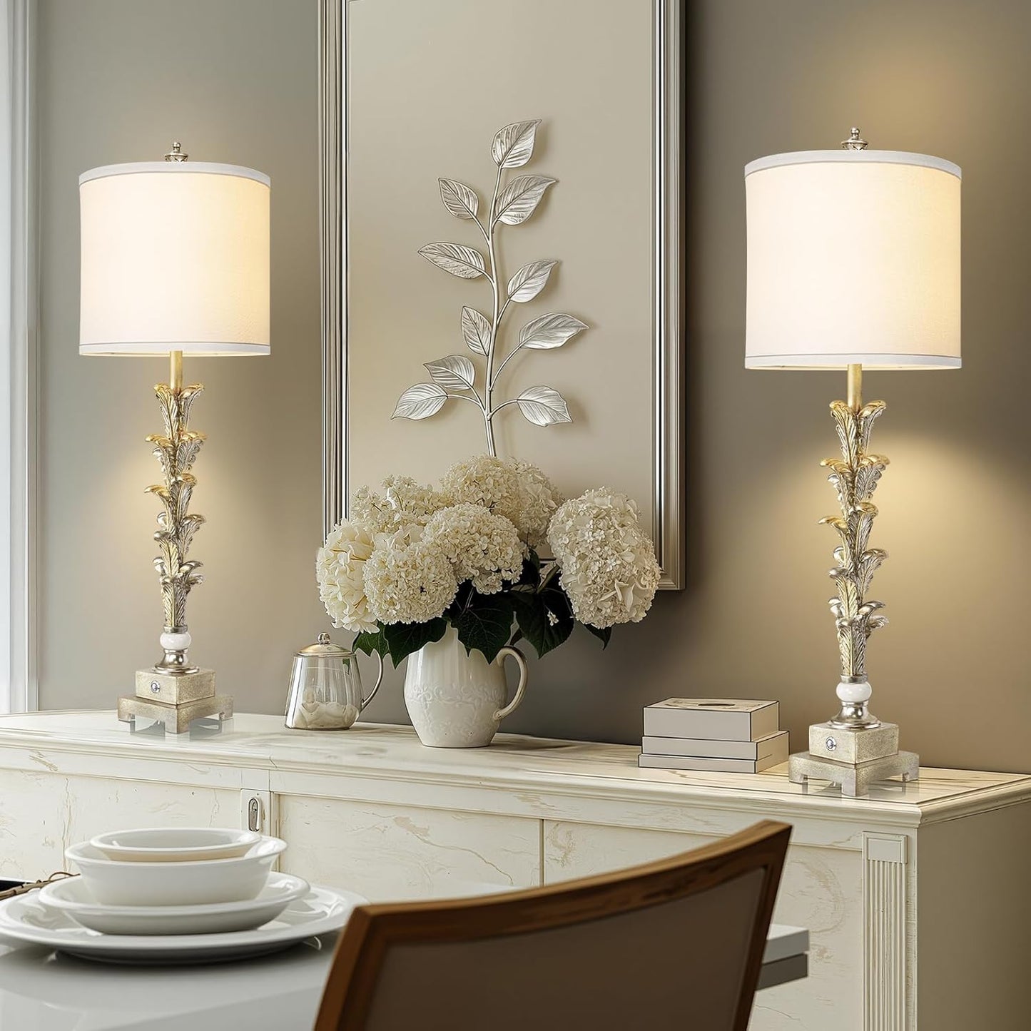 33'' Touch Control Table Lamp Set of 2, 3-Way Dimmable Buffet Lamps with USB A+C Ports and White Shade, Silver Leaf Finish Nightstand Lamps for Living Room Bedroom Office Study Dinning (Bulb Included)