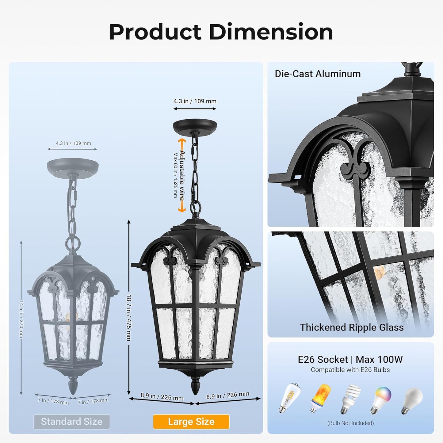 VIANIS 18.7'' Large Outdoor Pendant Lights, Black Hanging Porch Light Fixture, Aluminum Outside Ceiling Lights for House, Porch, Doorway, Vintage Style, Waterproof and Anti-Rust