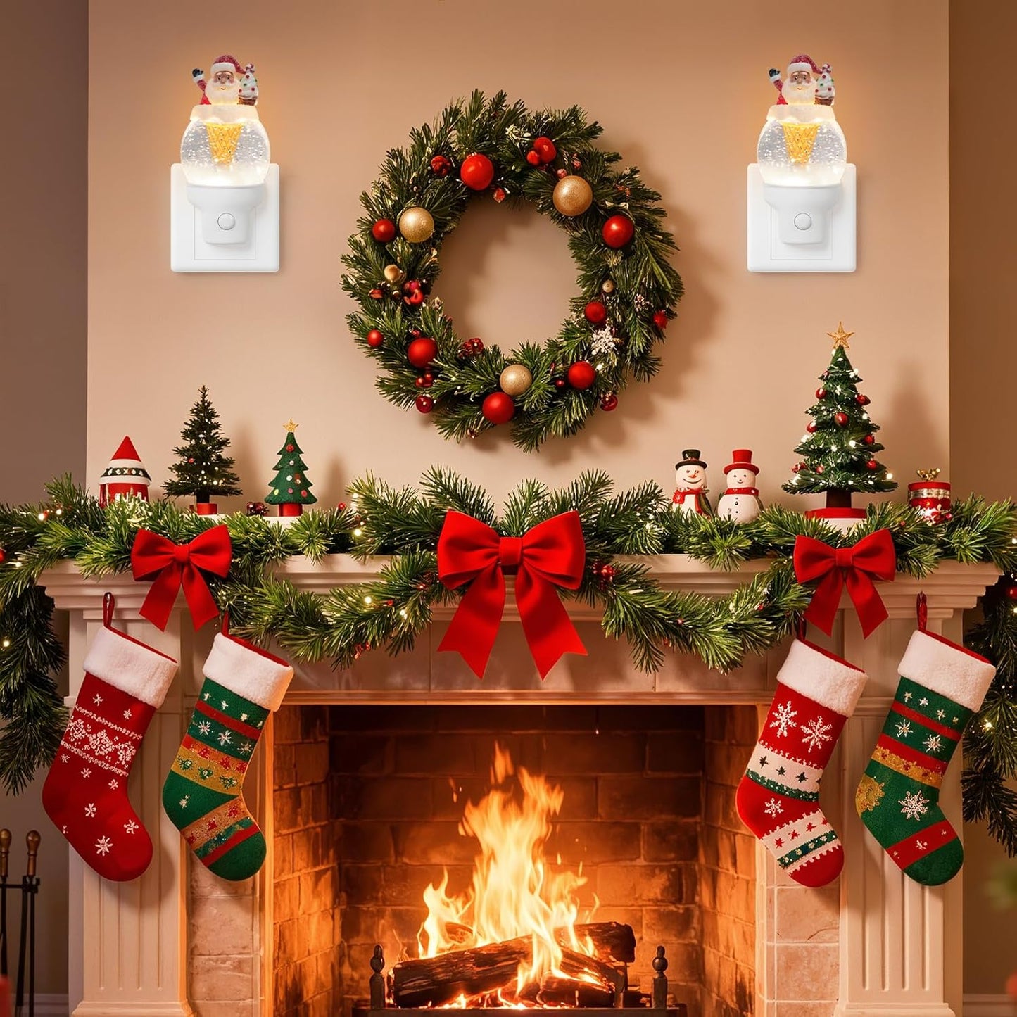 Christmas Santa Night Light Plug into Wall Glitter Water Nightlight with USB/Outlet Options, Christmas Decorative Nightlight for Bedroom Kitchen Nursery Holiday Decorations Gifts (Santa Ice Cream)