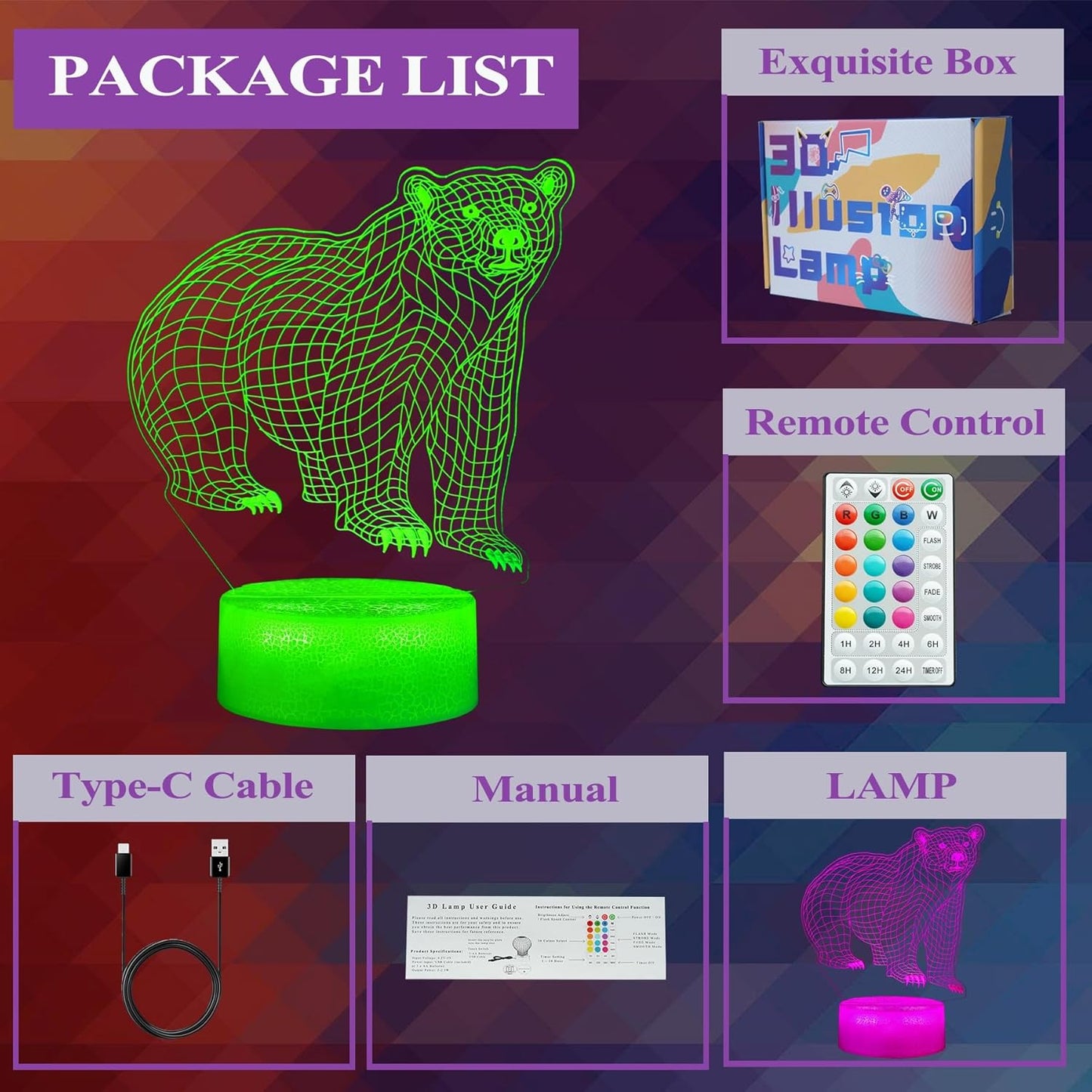 Polar Bear Night Light, 3D Illusion Lamp, RGB16 Colors Changing, Remote Control, Dimmable, Kids Room Decoration, Xmas Bear Gifts