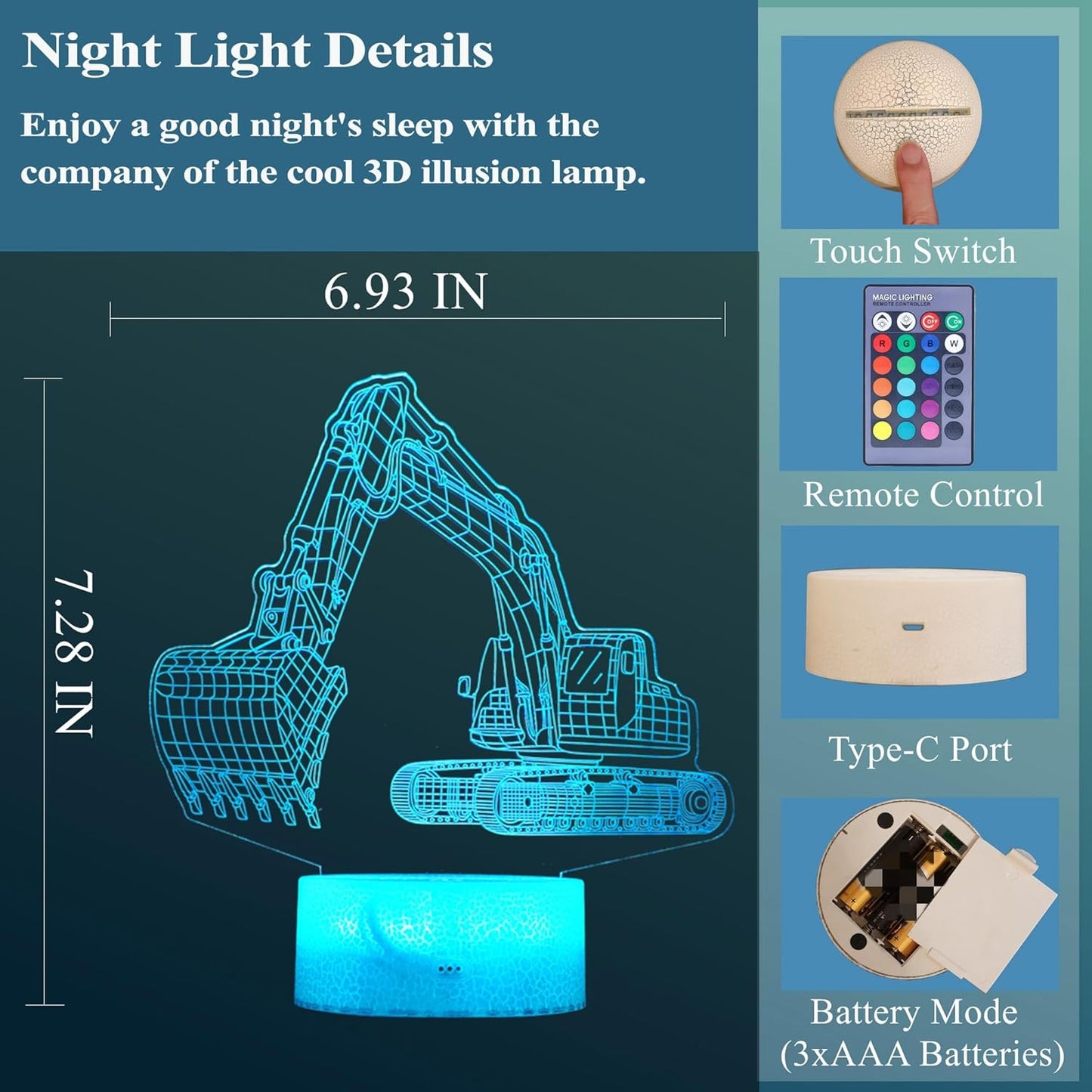 Excavator 3D Illusion Lamp for Kids, Excavator Night Light, Construction Vehicle Gifts with RGB 16 Colors Changing, Remote Control, Dimmable, Kids Room Decoration, Xmas Gifts