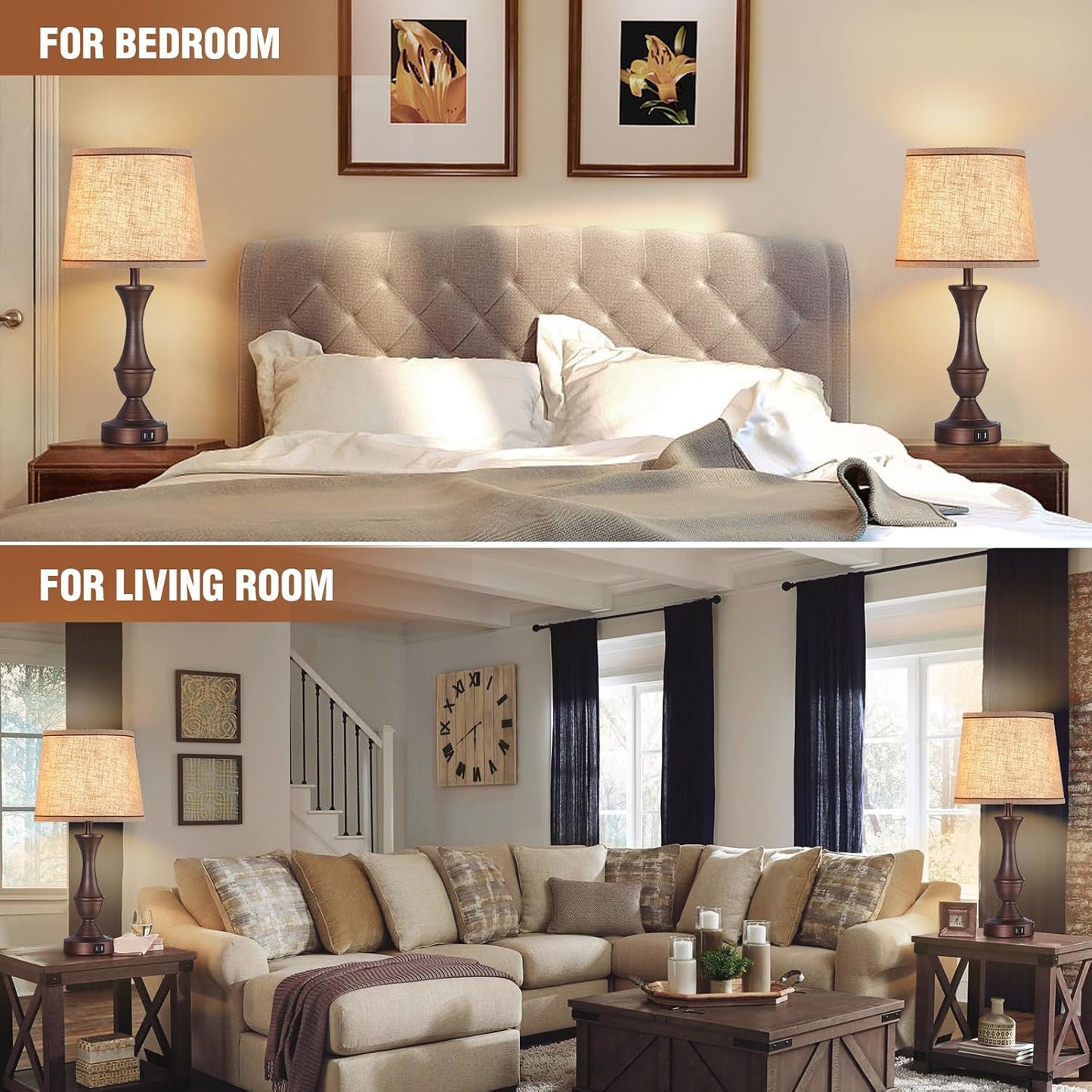 Touch Table Lamps Set of 2, 22" Tall Bedside Lamps with USB C+A Ports, 3-Way Dimmable Table Lamp, Nightstand lamps for Bedroom, Living Room, Office, Brown Lamps with Beige Lampshade, Bulbs Included