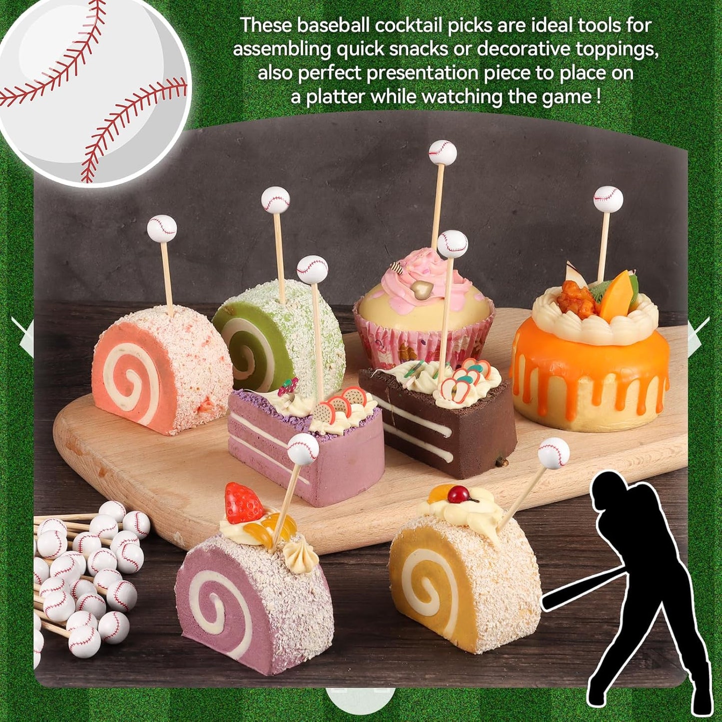 100Pcs Baseball Cocktail Picks 4.7 Inch Decorative Sports Ball End Toothpicks for Appetizers Bamboo Cocktail Sticks Skewers for Drinks, Fruits, Desserts, Charcuterie(Baseball)