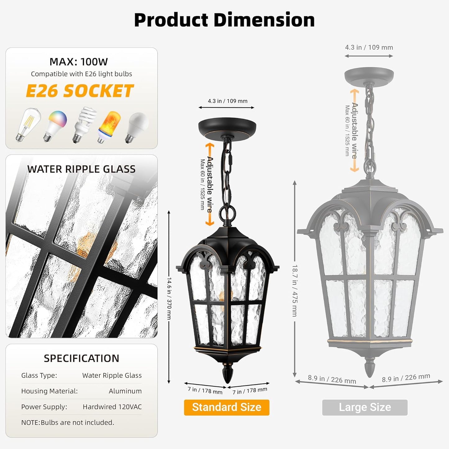 VIANIS Black Outdoor Pendant Light Lantern with Gold Trim, Outdoor Hanging Lights with Ripple Glass, Aluminum Outside Chandelier for Porch Waterproof and Anti-rust, Ceiling Fixtures for House Entryway