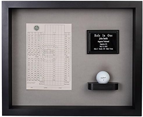 Hole in One Shadowbox and Golf Ball Display Case | Personalized Engraved Plate | Holds Golf Ball and Scorecard or Photo |4 Color Finishes | Wall Mounted (Vertical, Black/Gray)