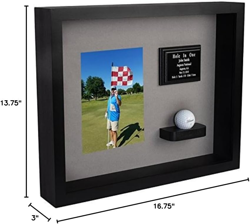 Hole in One Shadowbox and Golf Ball Display Case | Personalized Engraved Plate | Holds Golf Ball and Scorecard or Photo |4 Color Finishes | Wall Mounted (Vertical, Black/Gray)