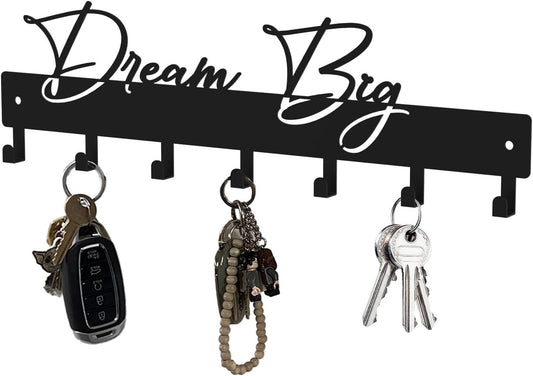 10 Inch Key Holder for Wall, Black Metal House Decoration Key Hooks, Phrase Style(Dream Big), Key Hanger Organizer with 7 Hooks, Suitable for Doors, Corridors, Living Rooms, Bedrooms