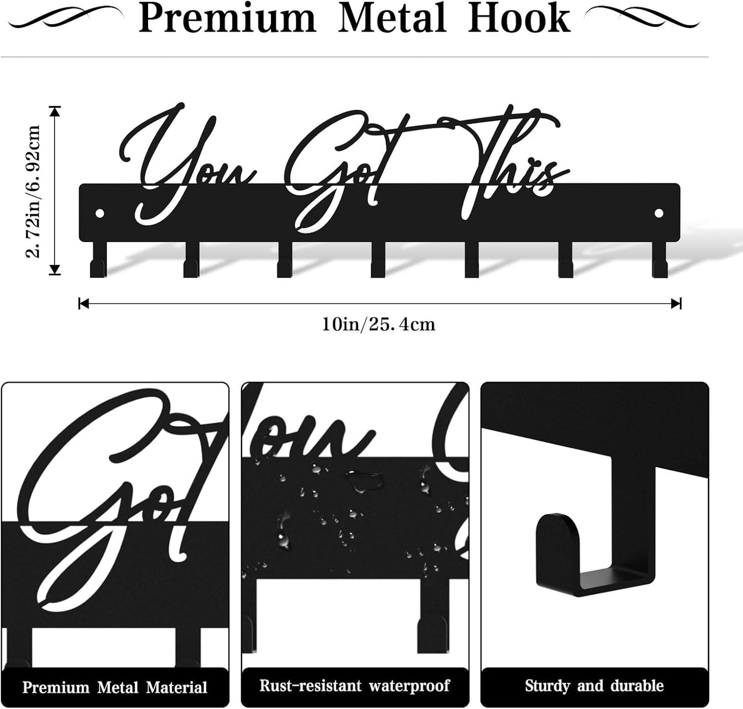 10 Inch Key Holder for Wall, Black Metal House Decoration Key Hooks, Phrase Style(You got This), Key Hanger Organizer with 7 Hooks, Suitable for Doors, Corridors, Living Rooms, Bedrooms