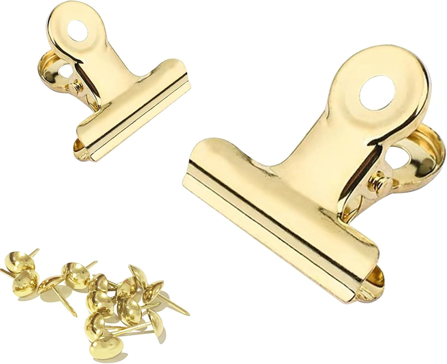 10 Pack Bulldog Clips with 10 Push-pins, Paper File Clips with Strong Spring, Large Metal Binder Clips, Seal Clamps for Coffee Tea Food Bags(Gold,2inch)