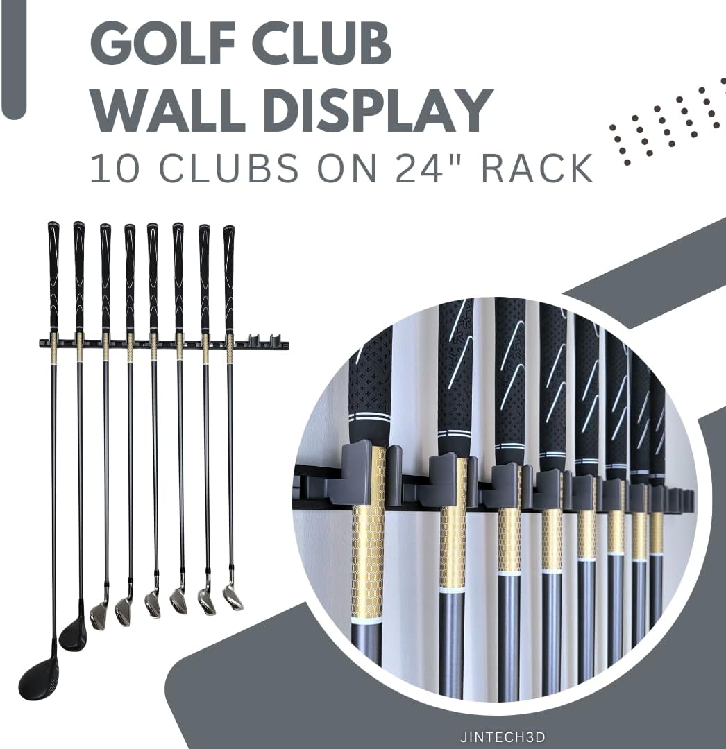 10 Golf Club holders on 24" rack, Wall display, Wall hanger, rack, mount, organizer (Club head up)