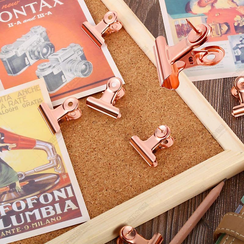 10 Pack Bulldog Clips with Push-pins for Corkboard,Metal Clips for Crafts, Metal Binder Clips for Pictures, Spring Paper Clamps for Office Documents (Rose Gold,2inch)