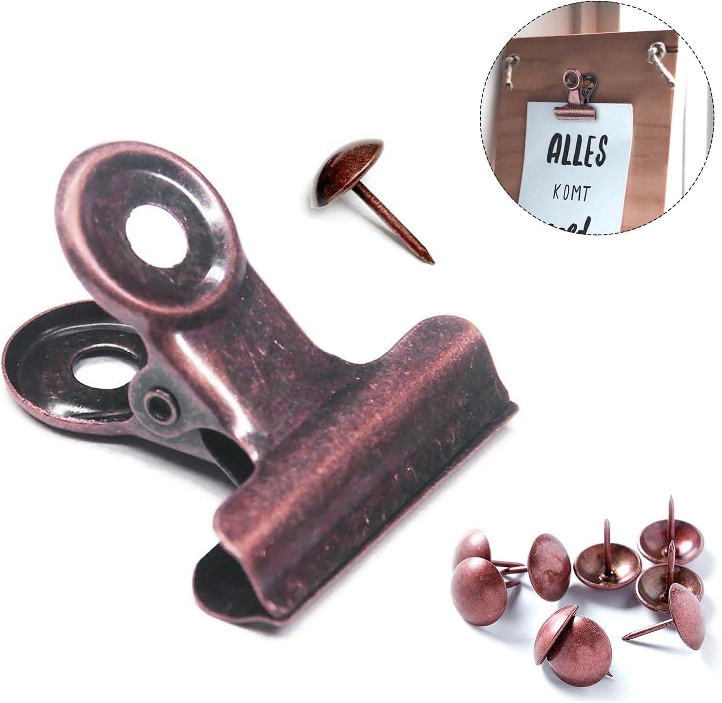 10 Pack Bulldog Clips with Push-pins for Corkboard,Metal Clips for Crafts, Metal Binder Clips for Pictures, Spring Paper Clamps for Office Documents (Copper,2inch)