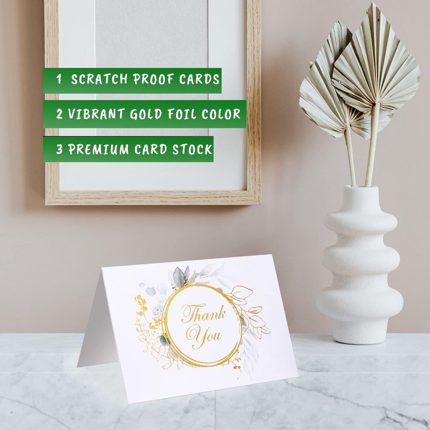 100 Bulk Thank You Cards with Envelopes White and Greenery Gold Foil – Floral watercolor Cards Thank You Notes with Envelopes and Eucalyptus leaves for Wedding Bridal Baby Shower Graduation Fune