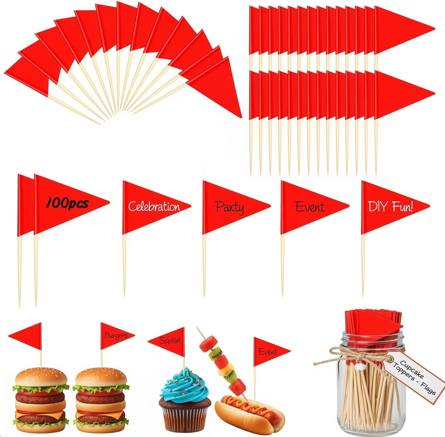 100PCS Red Solid Toothpick Flags, 1.45X2.59'' Tiny Red Flags Triangle Stick Golf Cupcake Toppers for Cupcake Sticks, Mini Golf Flags for Appetizers Fruit Cheese Markers for Wedding Party Buffet