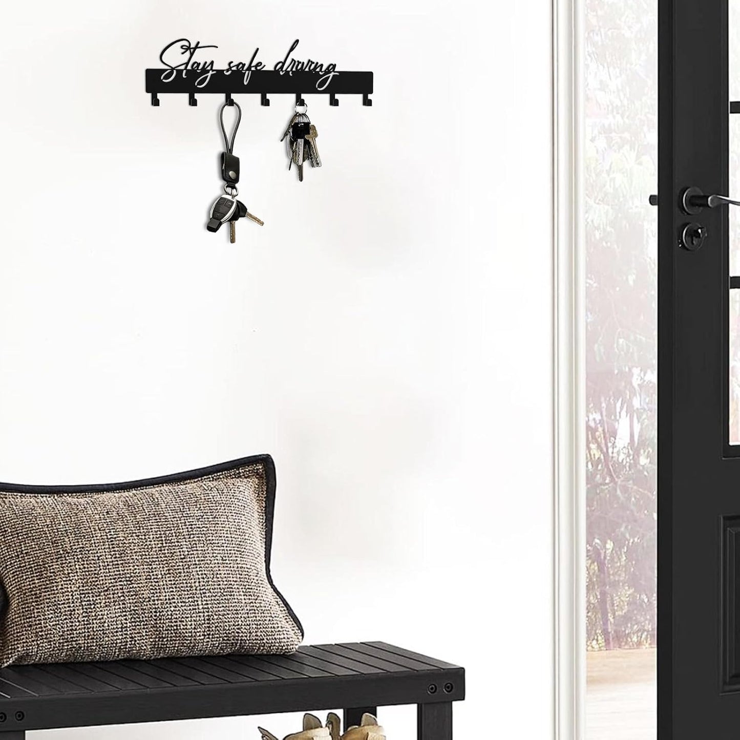 10 Inch Key Holder for Wall, Black Metal House Decoration Key Hooks, Phrase Style(Stay Safe Driving), Key Hanger Organizer with 7 Hooks, Suitable for Doors, Corridors, Living Rooms, Bedrooms
