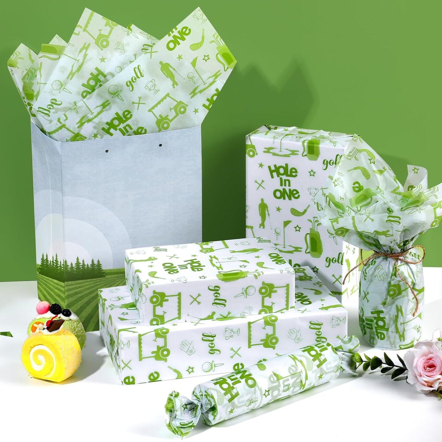 100 Sheets Golf Tissue Papers, Hole in One Gift Wrapping Tissue Papers for Gift Bag & Packaging, Green Golf Sports Theme Art Paper with Golf Club Ball Cart for Birthday Sports Party Decor, 20 x 14IN