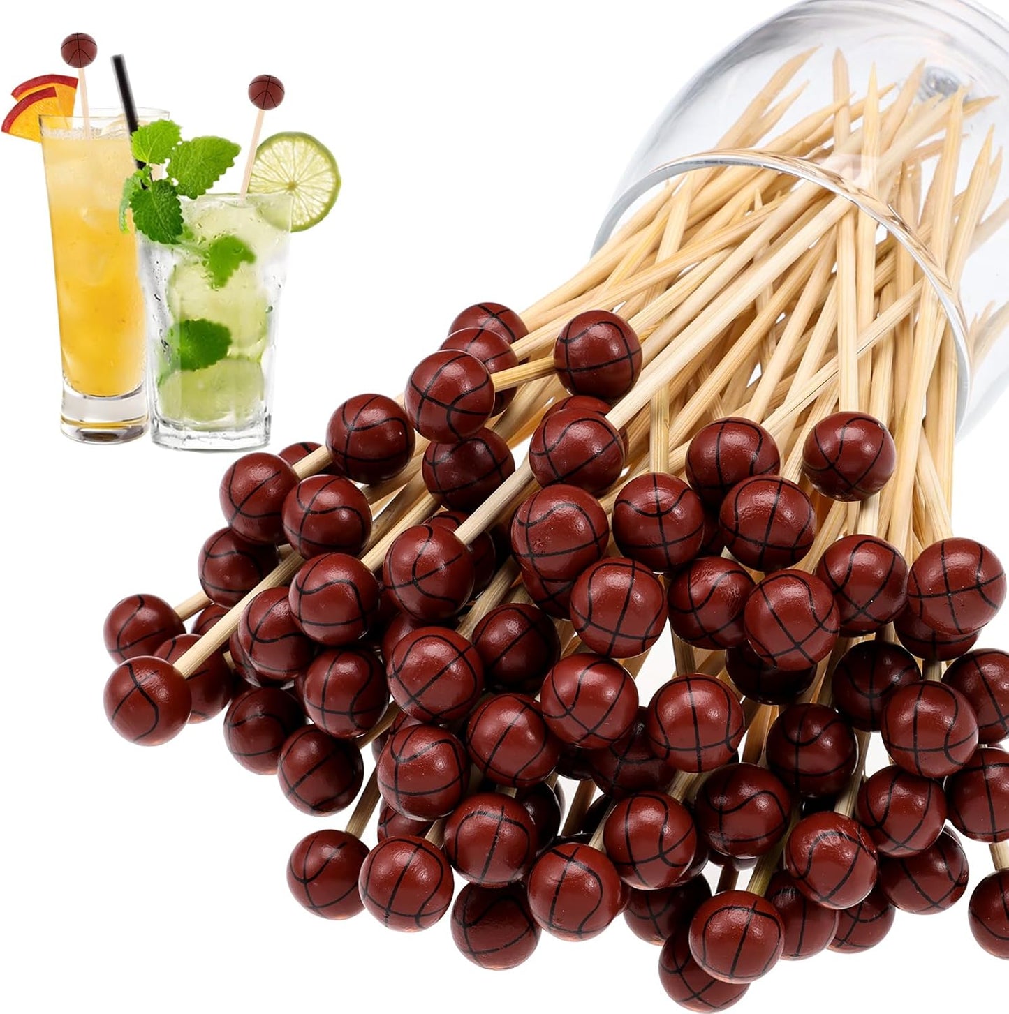 100Pcs Basketball Cocktail Picks 4.7 Inch Decorative Sports Ball End Toothpicks for Appetizers Bamboo Cocktail Sticks Skewers for Drinks, Fruits, Desserts, Charcuterie(Basketball)