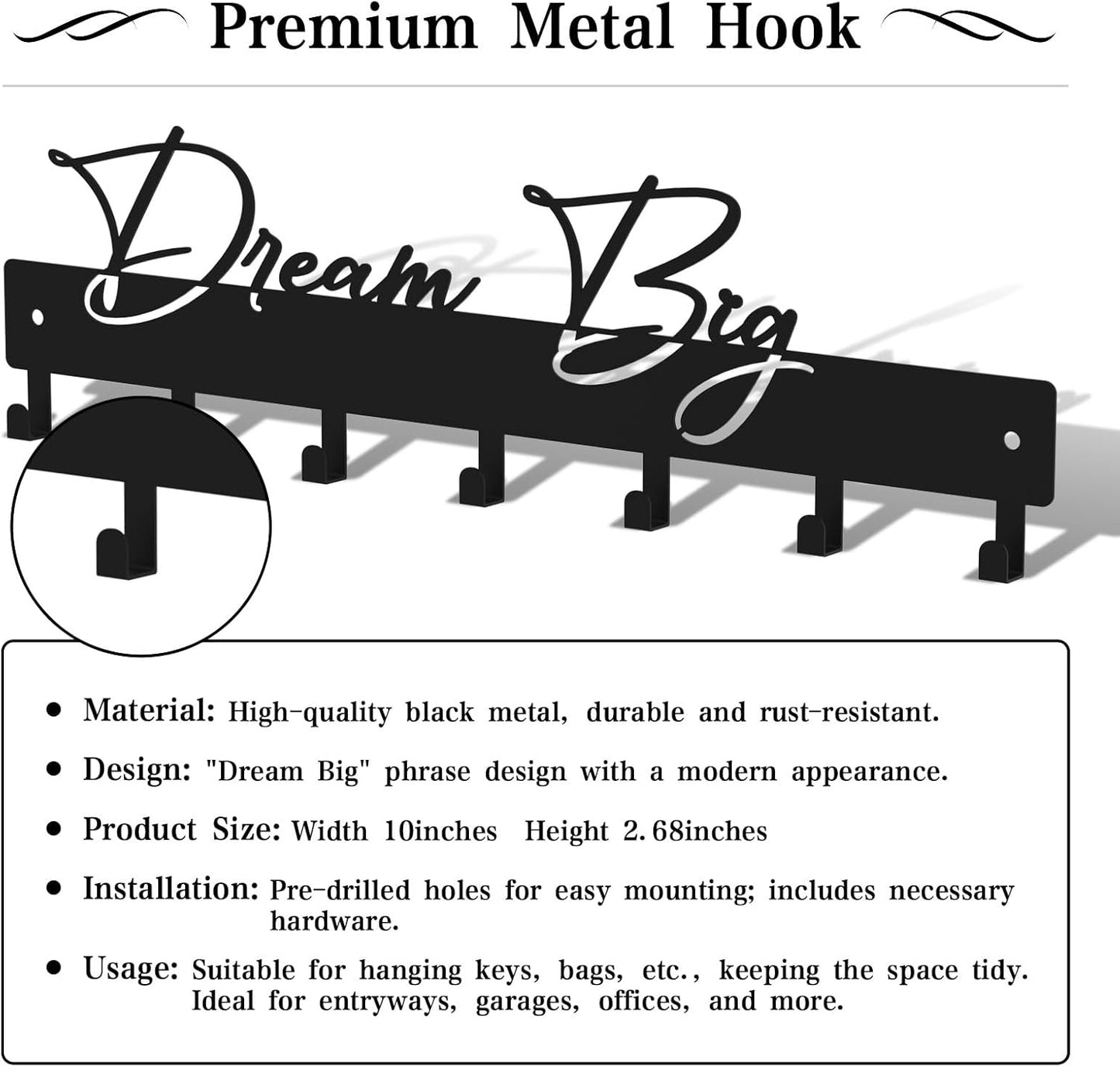 10 Inch Key Holder for Wall, Black Metal House Decoration Key Hooks, Phrase Style(Dream Big), Key Hanger Organizer with 7 Hooks, Suitable for Doors, Corridors, Living Rooms, Bedrooms