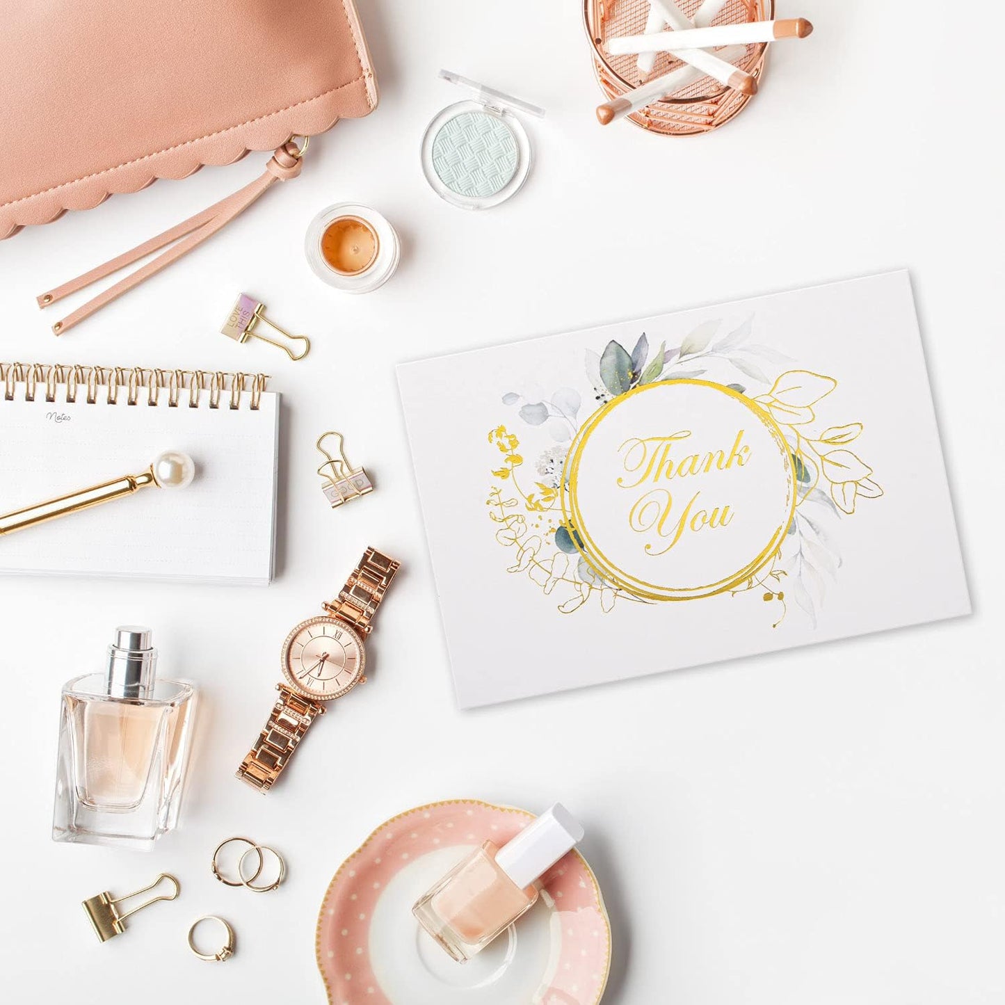 100 Bulk Thank You Cards with Envelopes White and Greenery Gold Foil – Floral watercolor Cards Thank You Notes with Envelopes and Eucalyptus leaves for Wedding Bridal Baby Shower Graduation Fune