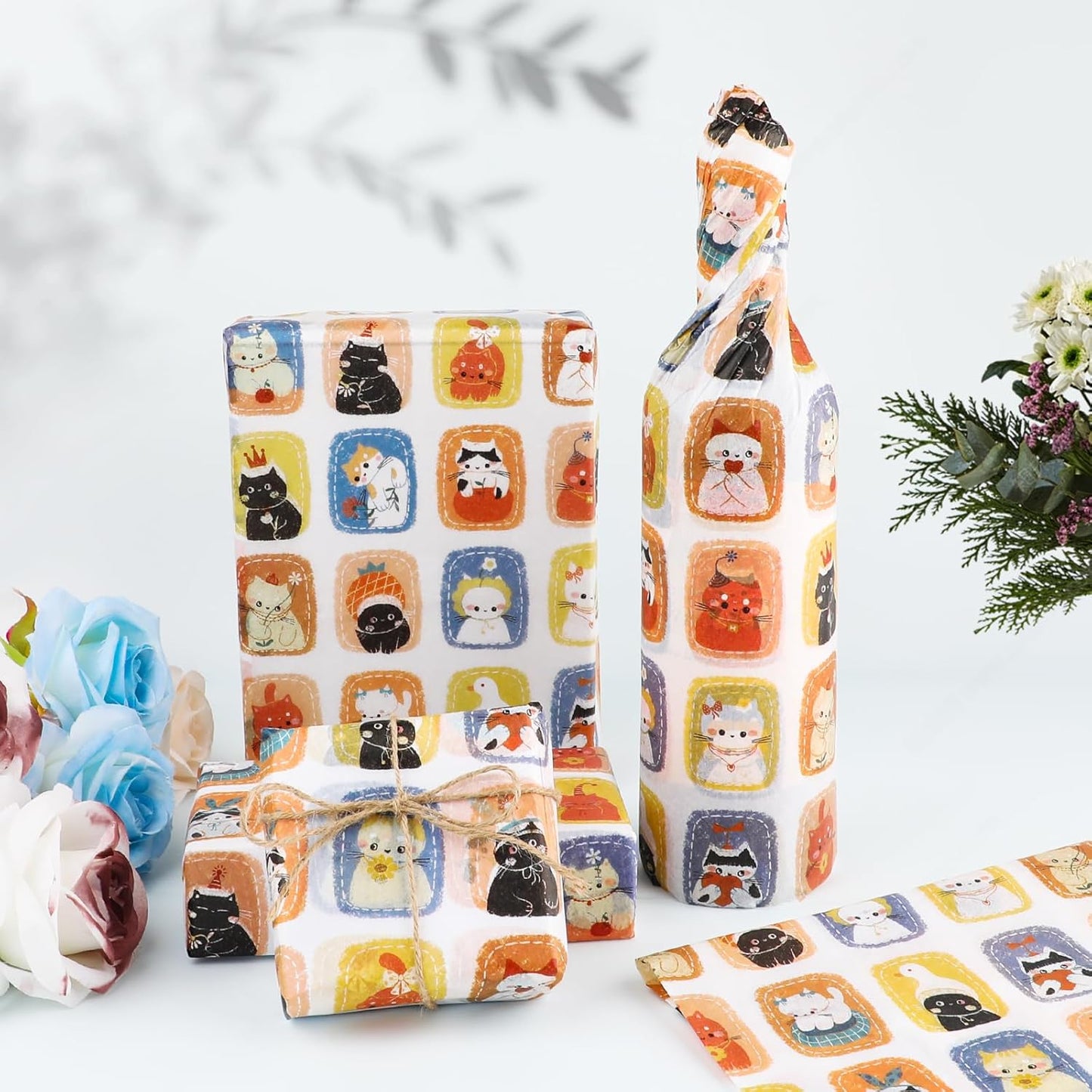 100 Sheets Cute Cat Tissue Paper with Stickers,20x14 Inch Kitties Pattern Gift Wrapping Paper for Birthday, Baby Shower, Wedding, Crafts, Party Favors and Cat Lovers