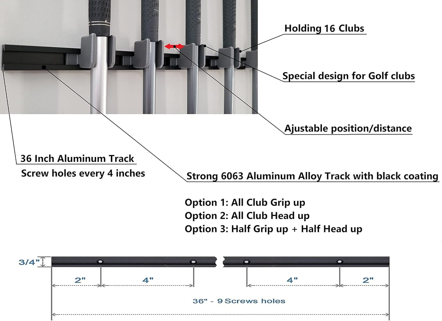 [JINTECH] Golf Club Wall Mount Holder, 16 Club Hangers, Aluminum Rack, Black, All Head Up, 36"W x 1"D x 1"H