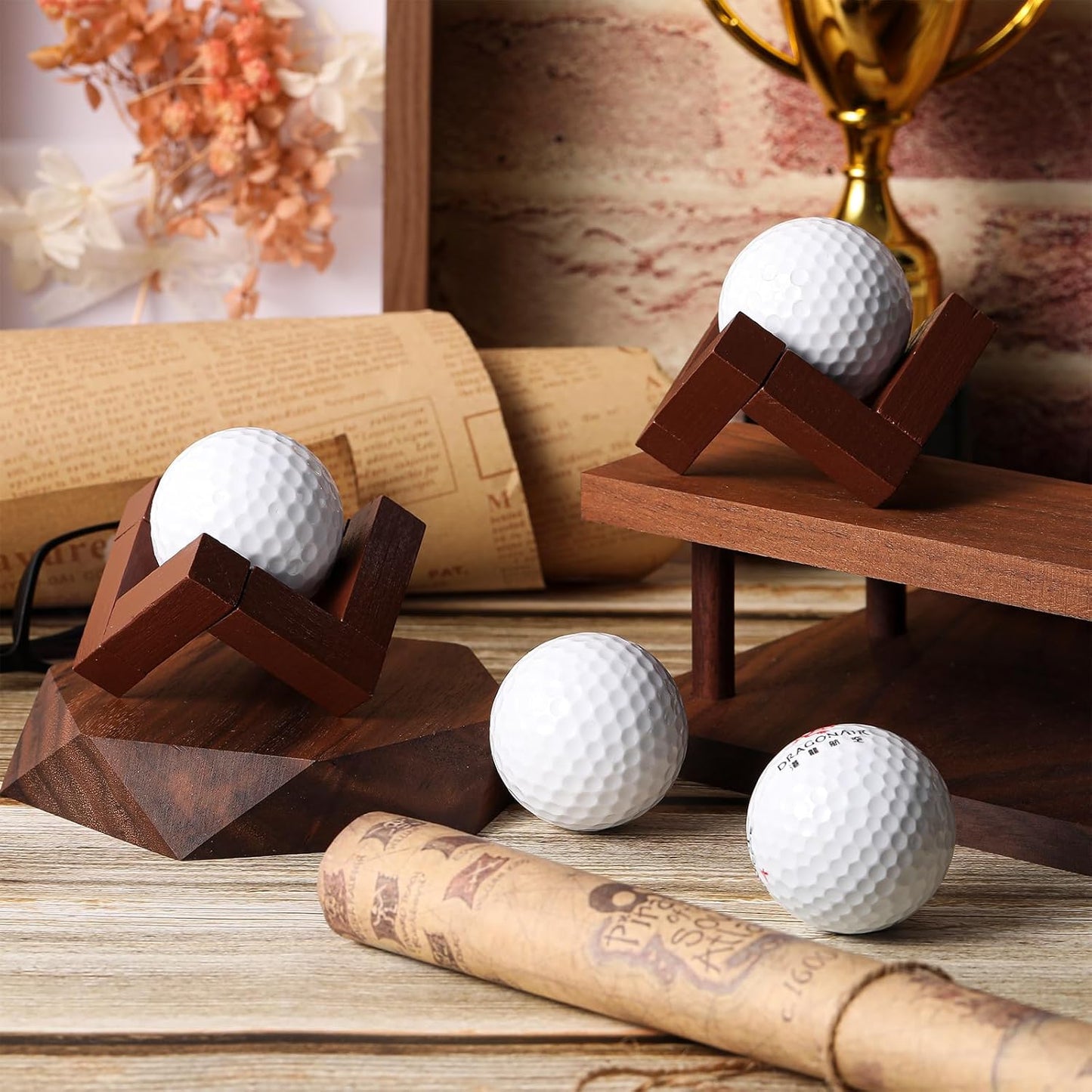 1 Pack Golf Ball Display Stand 1.97 Inch Wooden Golfball Display Case Baseball Rack Holder for Souvenir Collections Tabletop Decor Men Golf Enthusiasts(Walnut Color)