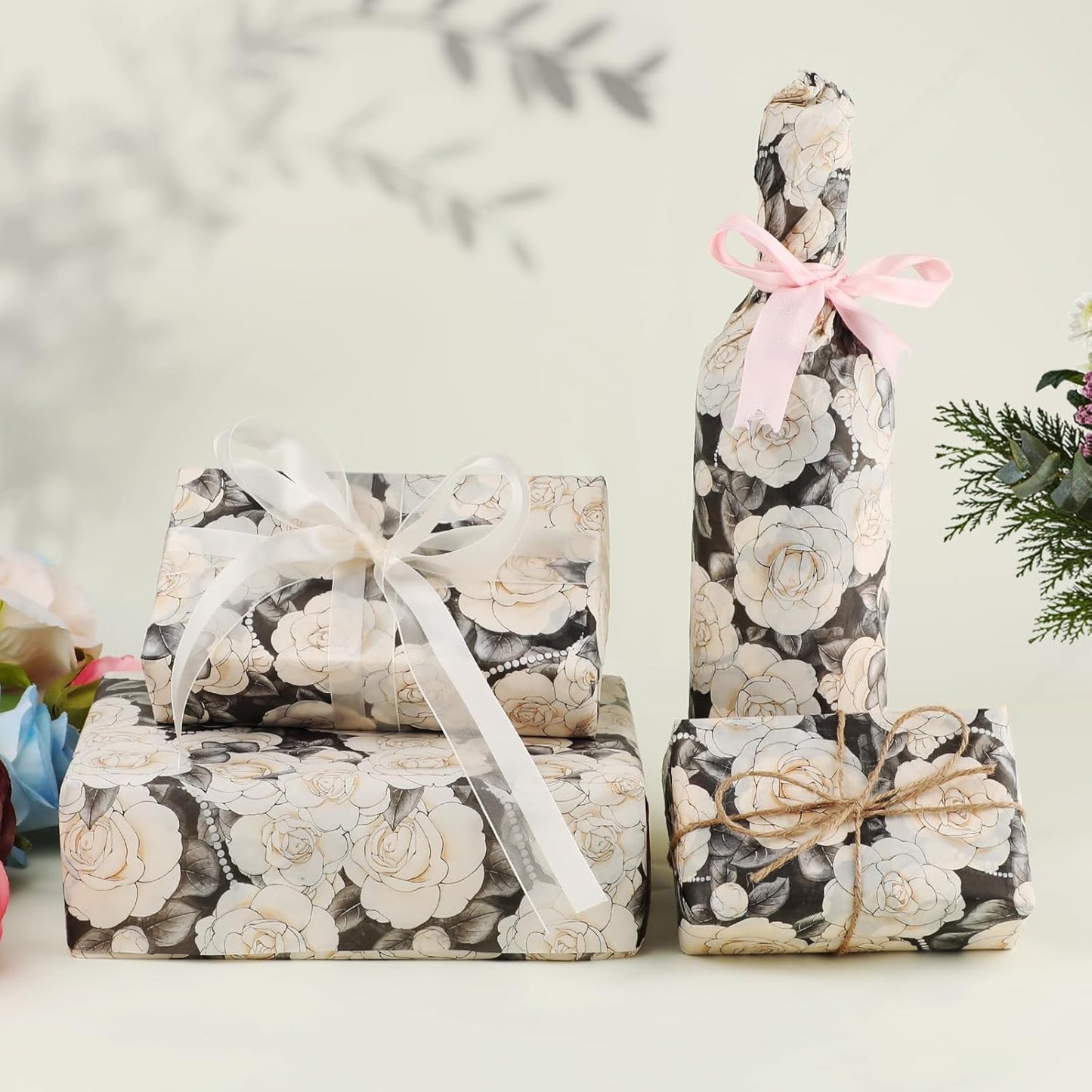 100 Sheets Camellia Flower Tissue Paper with Stickers,20x14 Inch Floral Gift Wrapping Paper for Birthday, Wedding, Baby Shower, Bridal Shower, DIY Crafts and Party Favors