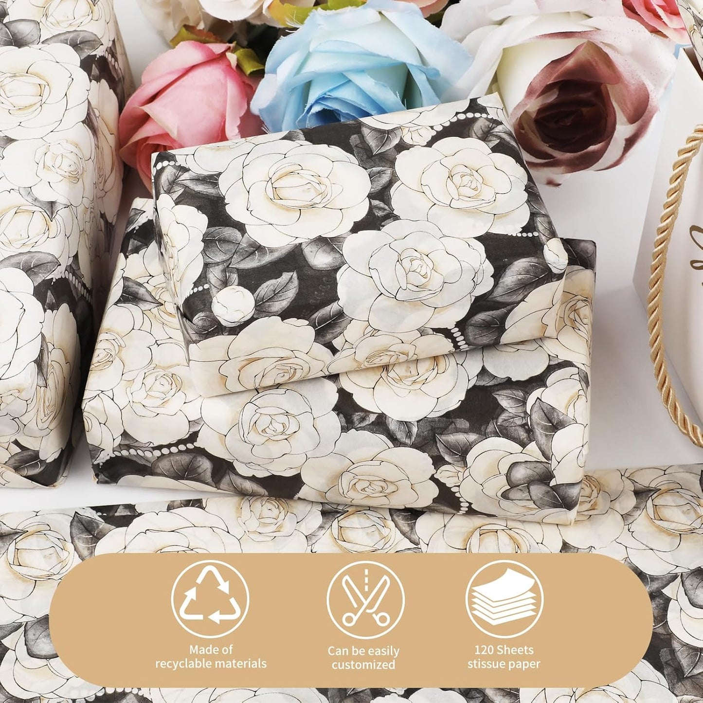 100 Sheets Camellia Flower Tissue Paper with Stickers,20x14 Inch Floral Gift Wrapping Paper for Birthday, Wedding, Baby Shower, Bridal Shower, DIY Crafts and Party Favors