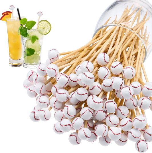 100Pcs Baseball Cocktail Picks 4.7 Inch Decorative Sports Ball End Toothpicks for Appetizers Bamboo Cocktail Sticks Skewers for Drinks, Fruits, Desserts, Charcuterie(Baseball)