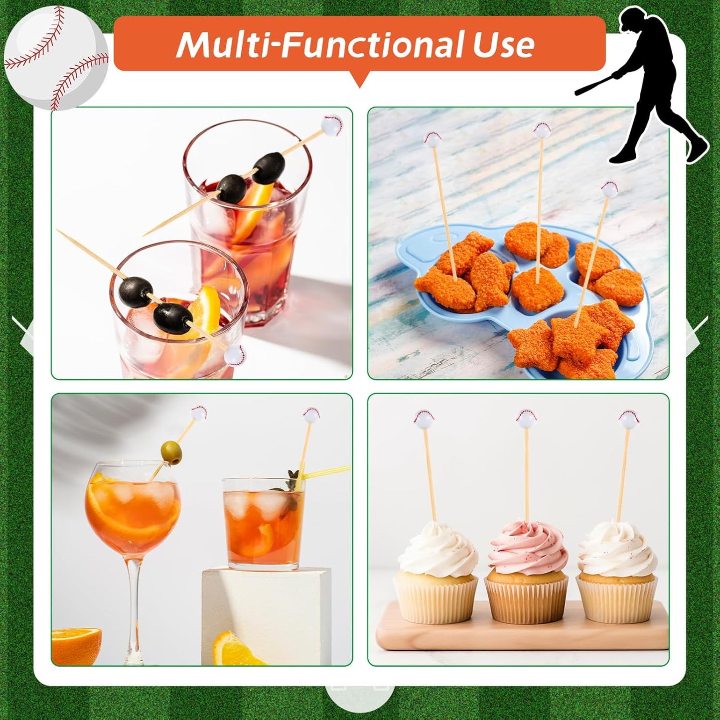 100Pcs Baseball Cocktail Picks 4.7 Inch Decorative Sports Ball End Toothpicks for Appetizers Bamboo Cocktail Sticks Skewers for Drinks, Fruits, Desserts, Charcuterie(Baseball)