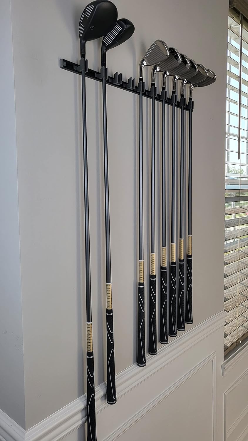 10 Golf Club holders on 24" rack, Wall display, Wall hanger, rack, mount, organizer (Club head up)