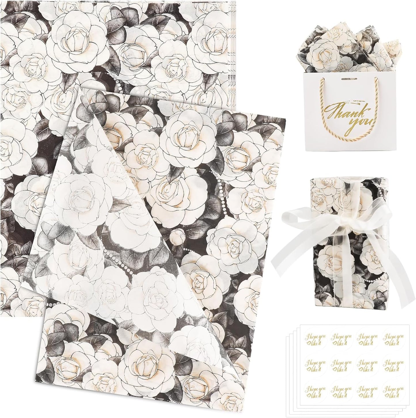 100 Sheets Camellia Flower Tissue Paper with Stickers,20x14 Inch Floral Gift Wrapping Paper for Birthday, Wedding, Baby Shower, Bridal Shower, DIY Crafts and Party Favors