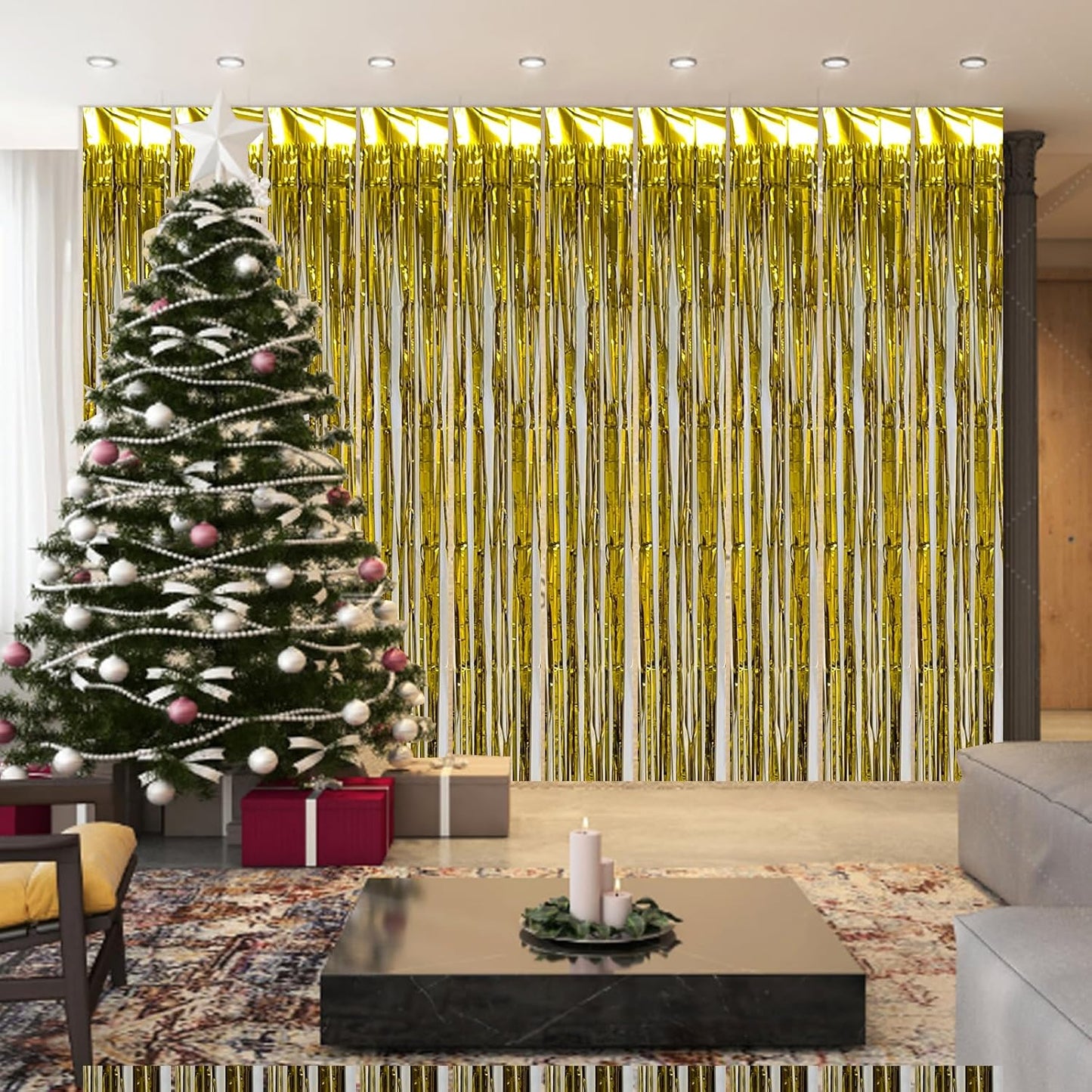 10 Pack Gold Foil Curtain Backdrop Metallic Tinsel Foil Fringe Curtains Photo Booth Props for Birthday Wedding Engagement Bachelorette Christmas Holiday Celebration Party Decorations Supplies