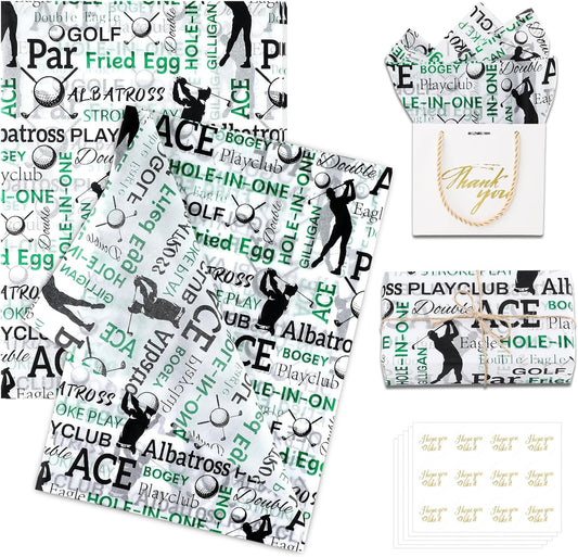 100 Sheets Golf Theme Tissue Paper with Stickers,19.3 x14 Inch Green, White and Black Gift Wrapping Paper for Birthday, Father’s Day, Retirement Party, Sports Events, and Golf Lover Gifts