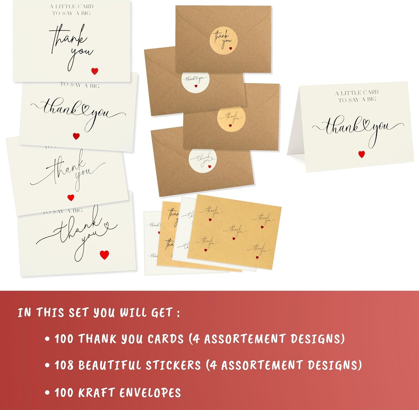 100 Bulk Thank You Cards with Kraft Envelopes and Stickers - 4 Minimalistic Designs Blank Thank You Notes with Envelopes and Heart for Business Wedding Bridal Gift Baby Shower Business Graduation