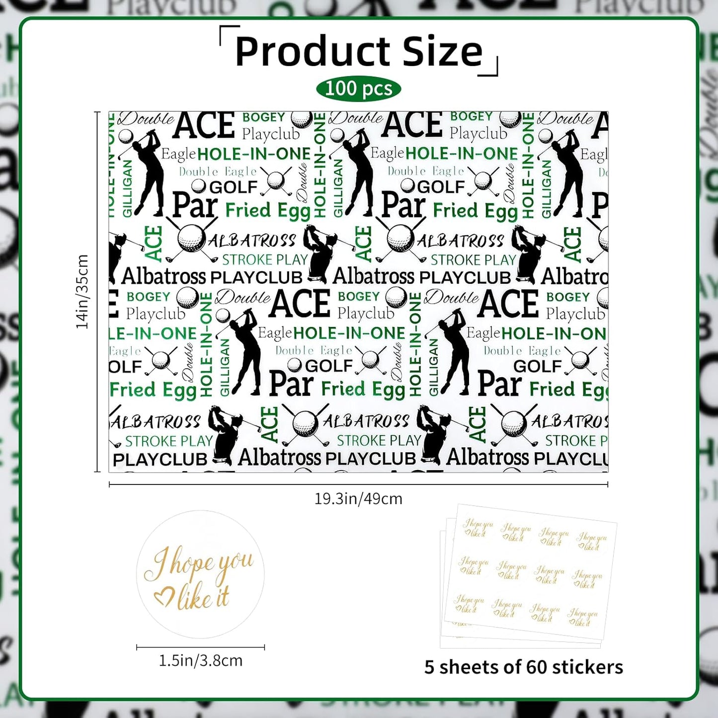100 Sheets Golf Theme Tissue Paper with Stickers,19.3 x14 Inch Green, White and Black Gift Wrapping Paper for Birthday, Father’s Day, Retirement Party, Sports Events, and Golf Lover Gifts