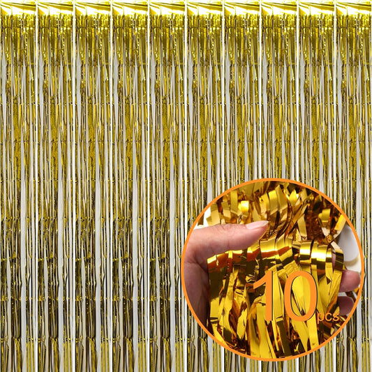 10 Pack Gold Foil Curtain Backdrop Metallic Tinsel Foil Fringe Curtains Photo Booth Props for Birthday Wedding Engagement Bachelorette Christmas Holiday Celebration Party Decorations Supplies